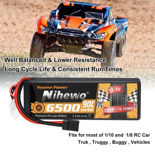 Bateria Lipo Nihewo 3S 2 Paquetes 11.1V 6500mAh Bateria Lipo RC 90C Caja Dura con Conector TR Compatible con Arrma HPI 1/8 1/10 Camion RC Vehiculos Coche Truggy Buggy Tanque Hobby - Imagen 5
