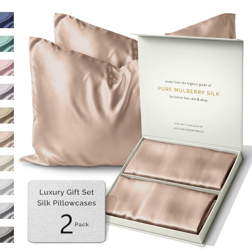 Funda de Almohada de Seda PREMIUM LUXSILK® | Juego de 2 Fundas de Almohada de Seda de Morera de 22 Momme | Tamaño Estandar, Queen, King, 100% Seda Pura en Todos los Lados para Parejas, Cierre de Cremallera [Champagne Nude]