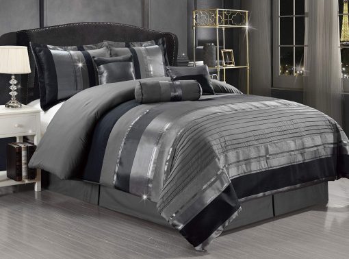 Juego de Conforter de 7 Piezas Tamano Completo Chenille/Jacquard Tejido Gris/Raya Plateada Oversize Colcha Set Cama en una Bolsa