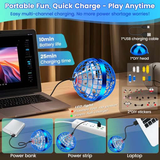 Juguete de Pelota Orb Voladora, Bola de Hover Controlada a Mano con Luces LED, Globo Boomerang Giratorio de 360?, Juguetes Geniales Mini Drone Spinner para Ninos, Regalo Ideal de Cumpleanos y Festival para Ninos y Ninas - Azul Brillante - Imagen 7