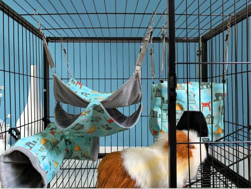 Set de Hamaca para Hurones para jaula Accesorios de jaula 3 estilos, Doble Hamaca o Casa Cuadrada y Cama de Tunel para Cobaya (Azul) - Imagen 6