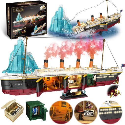 Set de Construccion del Titanic Zylvoxia, 2288 Piezas Set de Bloques del Gran Barco Titanic con Glaciar y Tira de Luz Brillante, Set de Modelo de Barco Gigante para Adultos y Ninos