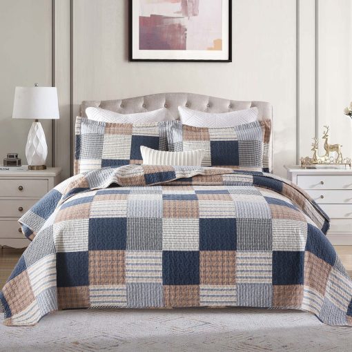 Juego de Edredon King Size Finlonte - Juego de Edredon de Algodon King Size Azul Marino Marron Blanco a Cuadros, Edredon de Estilo Granja Reversible, Colcha Suave y Ligera, Cubrecamas Acolchado para Todas las Estaciones, 3 Piezas