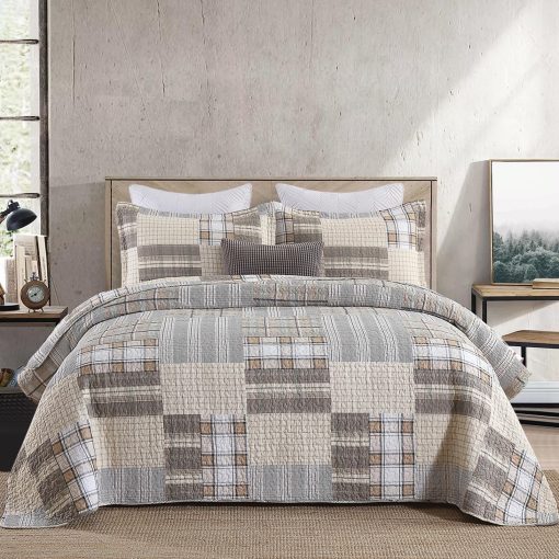 Colcha de algodon KALOOLA 100% algodon tamano queen, juego de cama de colcha a cuadros marron tamano queen 3 piezas, colchas ligeras de estilo granja para todas las estaciones, 1 colcha 2 fundas de almohada