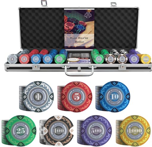 Maletin de Poker Bullets Playing Cards 'Tony' con 500 fichas de poker de arcilla - set de poker premium para juegos de efectivo y torneos - Imagen 2