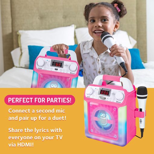 Maquina de Karaoke Portatil para Adultos y Ninos - Altavoz Incorporado, Bluetooth, Luces LED, Microfono con Cable - Con Efectos de Cambio de Voz - Imagen 4