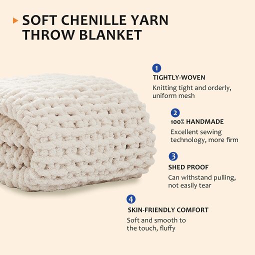 Manta de Punto Grueso L'AGRATY: 80''x90'' Manta de Punto Grueso de Chenilla para Cama Sofa - Manta de Punto Grueso Hecha a Mano - Gran Manta de Croche de Cable Grueso - Manta de Punto Grueso Grande para Decoracion del Hogar (Marfil) - Imagen 2