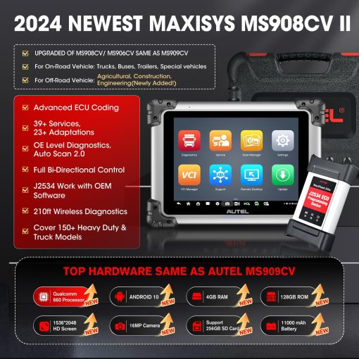 Autel MaxiSYS CV MS908CV II: Herramienta de diagnostico pesado 2024, Nivel superior a MS908CV MS906CV, Igual que MS909CV, OS 11, 4G+128G WiFi 2.4G&5G Imprimir GPS Codificacion J2534 Bidireccional 64+ Servicios FCA AutoAuth - Imagen 3