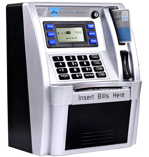 2024 Hucha del cajero automatico actualizada para dinero real para ninos y adultos con tarjeta de debito, inicio de sesion con contrasena, alimentador de billetes, reconocimiento de monedas, objetivo de ahorro, calculadora de saldo, caja fuerte de ahorro electronico (Negro)
