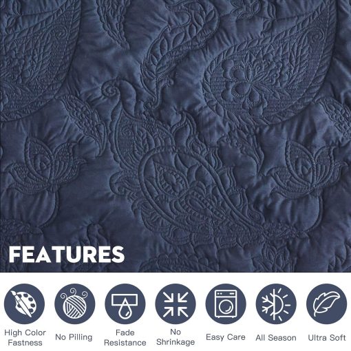 Colcha de cama extra grande HZ & HY 128x120, Edredon acolchado, Juego de ropa de cama, Ligero, Reversible, de Lujo, 5 Piezas, 100% Microfibra, King/Cal King, Azul Marino - Imagen 6