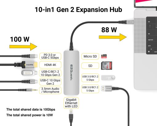 Estacion de acoplamiento de concentrador USB C de EZQuest 10 en 1 con HDMI 4K 60Hz, Ethernet 1 Gbps, 2 puertos USB C Gen 2 de 10 Gbps, 1 puerto USB C PD 3.0, 2 puertos USB A 3.0, Puerto de audio, SD/Micro SD, compatible con ordenadores USB-C - Imagen 4