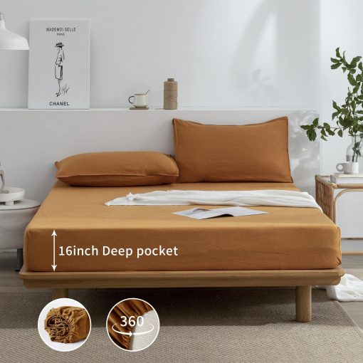 Juego de sabanas de lino EVERLY tamano gemelo, 100% lino puro frances, 3 piezas (1 sabana plana, 1 sabana ajustable, 1 funda de almohada) Adecuado para personas que duermen calientes, Juego de cama natural con bolsillo profundo lavado con piedra - Caramelo - Gemelo - Imagen 5