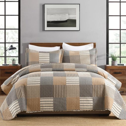 Juego de Edredon PANGUSHAN 100% Algodon Tamaño King, Edredon King, Colcha de Granja a Cuadros Ligera Juego de Ropa de Cama Rustica Cubrecamas Acolchado, Edredon Gris/Marron/Beige para Cama King, 3 Piezas