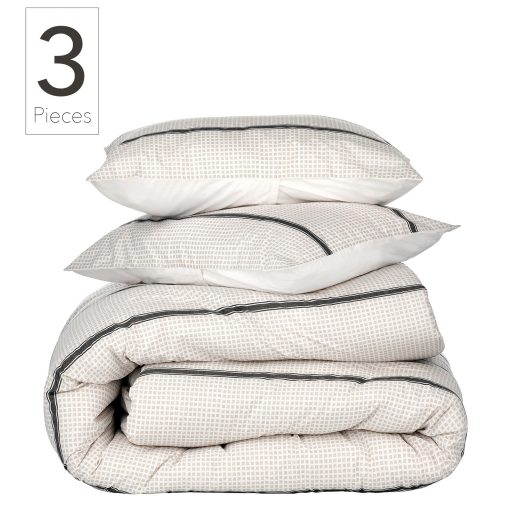 Set de Edredon de Algodon Estampado por Nate Home de Nate Berkus | Ropa de Cama Fresca, Comoda y Comoda de mDesign - Tamano Completo/Reina - 1 Edredon/2 Fundas de Almohada, Perla/Noche (Beige/Negro) - Imagen 2