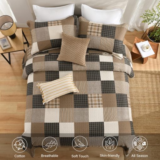 Juego de Edredon Patchwork 100% Algodon Queen - Colcha de Cuadros en Estilo Granja para Cama Queen, Set de Edredon Suave y Ligero para Todas las Estaciones, Juego de Ropa de Cama Rustica 3pcs, Cafe/Negro - Imagen 2