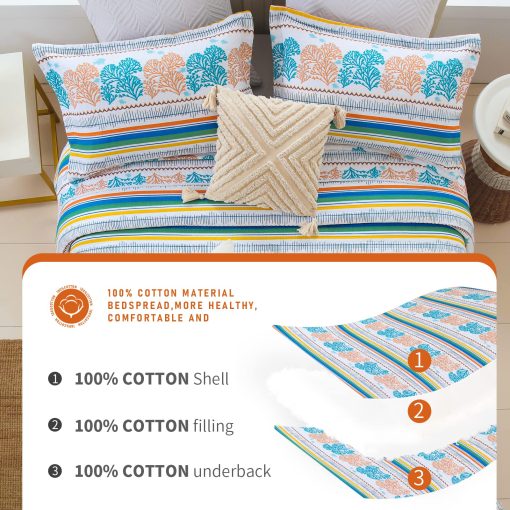 Juego de Colcha Queen Finlonte, Colcha de Algodon Queen Ligera, Diseno de Coral Costero Colchas Tamano Queen, Suave Juego de Cama de Colcha Queen Transpirable y Amigable con la Piel para Todas las Estaciones, 3 Piezas - Imagen 6