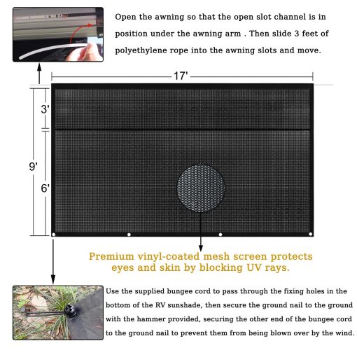 Toldo para RV con Pantalla Solar con Cremallera 9' X 17' 3'' (Apto para Toldo de 18') - Malla Negra Bloqueadora de Rayos UV Kit Completo para Remolque de RV Autocaravana - Viene con Set de Martillo de Clavijas - Imagen 3