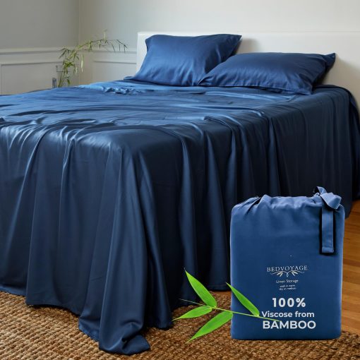 Juego de sabanas de lujo BedVoyage Queen - 100% Viscosa derivada de Bambu - Ropa de cama refrigerante para la maxima comodidad - Suaves sabanas transpirables - Bolsillos profundos de 18" (indigo)