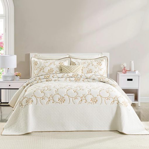 Colcha Queen Oversized QuiltEase - 120" Lx102 W - Juego de Cubrecamas de Bordado Ligero 100% Algodon - Colcha Extra Ancha Reversible - 3 Piezas - Beige/Blanco