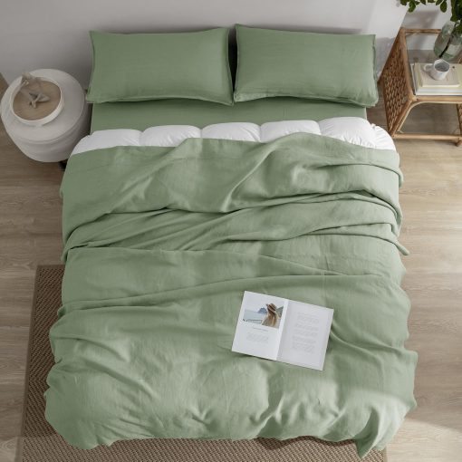 Conjunto de sabanas de lino EVERLY tamano individual, 100% puro lino frances, 3 piezas (1 sabana encimera, 1 sabana ajustable, 1 funda de almohada) Adecuado para personas que duermen calientes, juego de ropa de cama natural de bolsillo profundo color verde saga - individual - Imagen 7