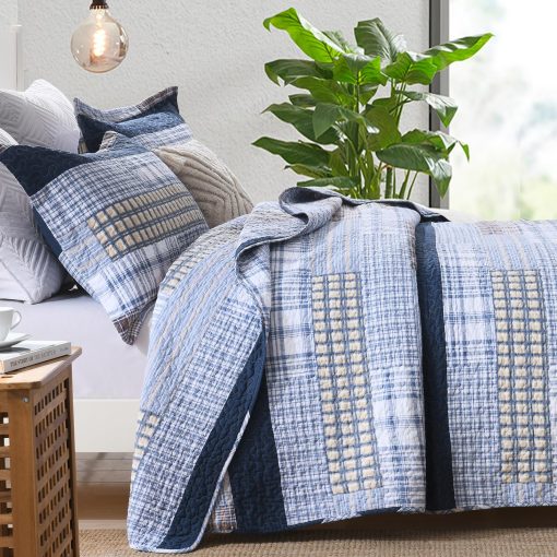 Juego de Colcha de Algodon Queen Size Azul, Juego de Colcha de Cuadros acogedora para Cama Queen, Reversible y Ligera, 3 Piezas - Imagen 2