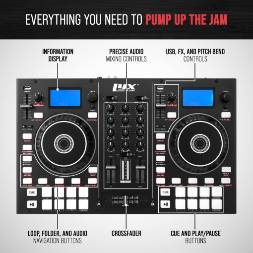Controlador de DJ portatil de 2 decks LyxJam con pantalla LCD | Looping manual, USB, entrada de MIC, salida de grabacion, 16 pads de actuacion con software Virtual DJ LE incluido (descarga) - Imagen 3