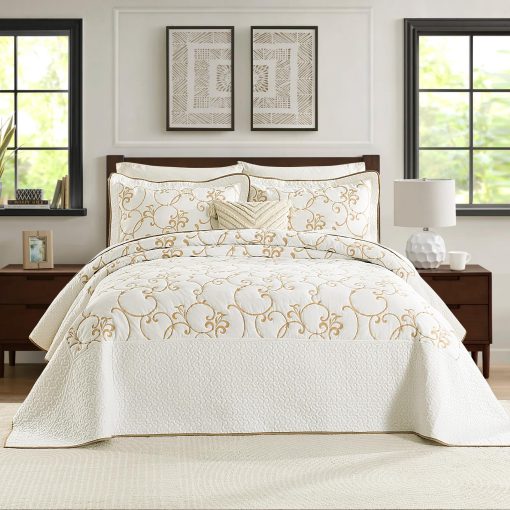 Quilta Colcha de algodon 100% tamano Queen extragrande - 102"x120" Beige Patron de bordado floral Juego de edredon, Colcha elegante y texturizada, Juego de ropa de cama suave y ligero de 3 piezas, Beige/Tan