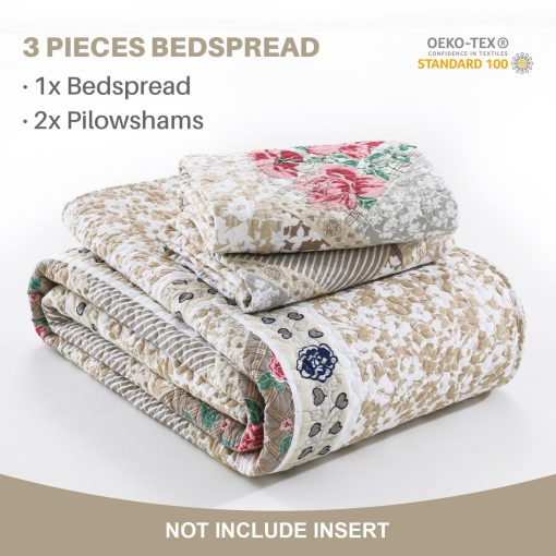 Colcha de Pared 100% Algodon de Gran tamano 128"x120", Colchas California King livianas, Colchas florales extra grandes, Colcha Reversible Acolchada para Cama, 3 Piezas, Marron - Imagen 5