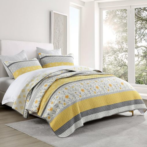 Juego de Edredon de Algodon 100% PANGUSHAN para Cama Queen, Juego de Edredon de Tamano Queen, Edredon Reversible Floral de Estilo Granja en Amarillo, Cubrecama Acolchado Ligero para Cama Queen, 3 Piezas, Amarillo/Gris/Blanco - Imagen 4