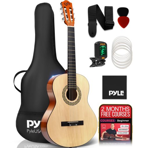 Kit de Guitarra Acustica para Principiantes Pyle, Tamano Junior 3/4 de Madera para Ninos y Adultos, 36" Natural Ash