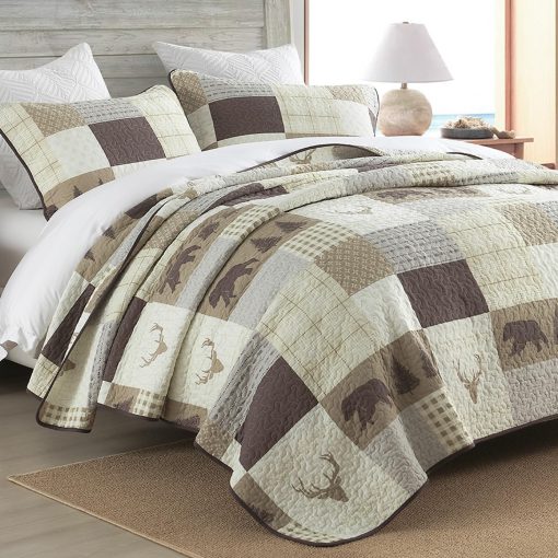 Edredon Queen Size DUOHONG, Juego de Edredones para Cama Queen, 100% Algodon, Edredon Rustico para Cama Queen, Edredon Reversible Ligero con Patrones de Vida Silvestre, Crema/Marron/Gris - Imagen 3