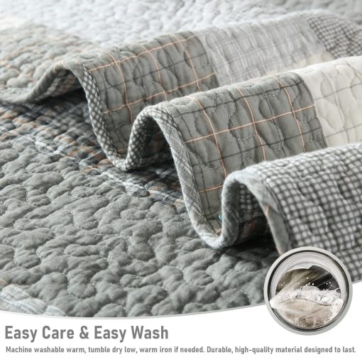 Colcha de Tamaño King Finlonte, Juego de Colcha de Cama King de Algodon, Gris(Azul) Colcha de Cama King Patchwork a Cuadros, Colchas Reversibles Suaves de Tamaño King, 3 Piezas - Imagen 7