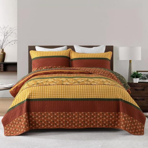 Colcha de Algodon Quilta 100% Tamano Queen - Rojo/Naranja/Amarillo - Juego de Colcha a Rayas con Patron Floral, Edredon Ligero, Cubrecama Suave para Decoracion del Hogar en Todas las Estaciones, Juego de Edredon Vintage - Imagen 3