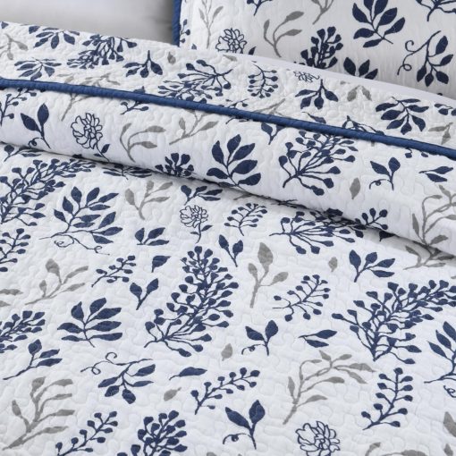 Edredon Floral Gris Azul BCOTTOND Tamano Queen - Juego de Edredon de Algodon 100% Funda de Cama Tamano Queen Ligero Reversible Suave Colcha de Cama Juego de Ropa de Cama para Todas las Estaciones de 3 Piezas - Imagen 5