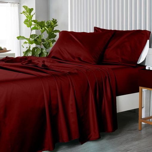 Juego de Sabanas Split-King de Royal Hotel Bedding: Sabanas Ajustables King 5PC Solidas Burdeos 100% Algodon 600 Hilos, Bolsillo Profundo