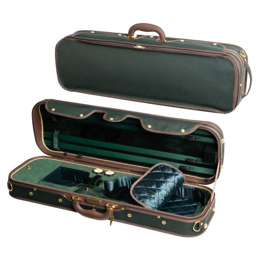 Estuche de violin de madera dura profesional MI&VI NW-9001 4/4 (tamano completo) Forro de seda de lujo | Madera maciza | Forma oblonga | Bolsillo para partituras | Correas ajustables | Higrometro | Termometro (Verde - Madera)