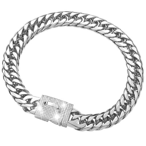 Collar de cadena para perros duradero W/W Lifetime con hebilla segura, enlace cubano plateado de 16 mm, resistente y a prueba de mordeduras para perros (14"(Adecuado para cuello de perro de 12" a 11.5"))