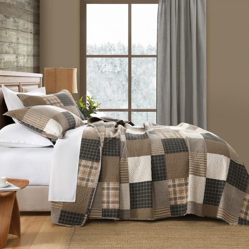 Edredon a cuadros tamano King de SOElinens - Edredon de cabana de patchwork rustico en tonos gris, marron y beige 100% algodon, Set de edredones ligeros para cama Queen, Juego de ropa de cama para todas las estaciones - Imagen 3