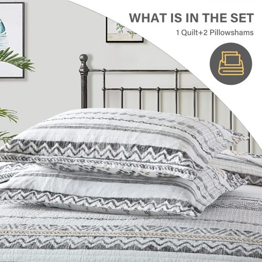 Juego de Edredon SahSahCasa King Size, 100% Algodon, Edredon Boho, Set de Ropa de Cama, Colchas Bohemias Reversibles, Ligero, Rayas, White/Grey, 3 Piezas - Imagen 6