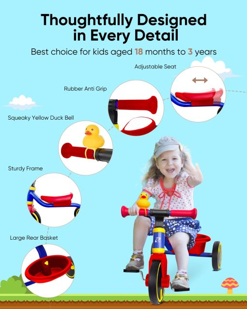 Triciclo RIDYEE para ninos de 1 a 3 anos, triciclo para ninos de 1 a 3 anos con llantas de goma, conduccion estable en cualquier superficie, triciclo para ninos con asiento ajustable, diseno de bordes no afilados, gran cesta, azul - Imagen 2