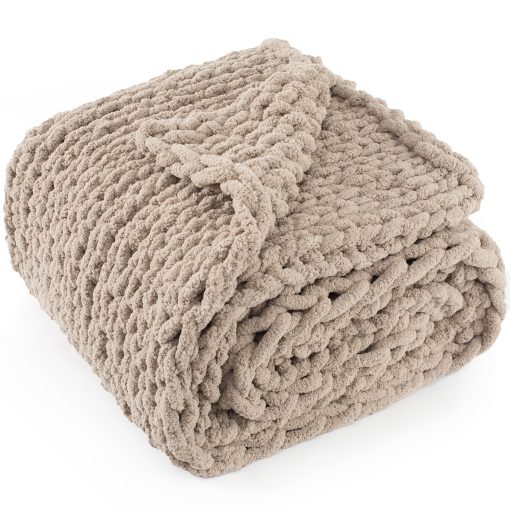 Manta de Punto Grueso para Lanzar 60"X 80", 100% Hecha a Mano con Hilo de Chenille Suave, 6.7lbs Mantas Gruesas de Punto de Cable, Grandes Lanzamientos de Ganchillo de Nudo de Cuerda para Sofa de Cama Decoracion del Hogar, Taupe