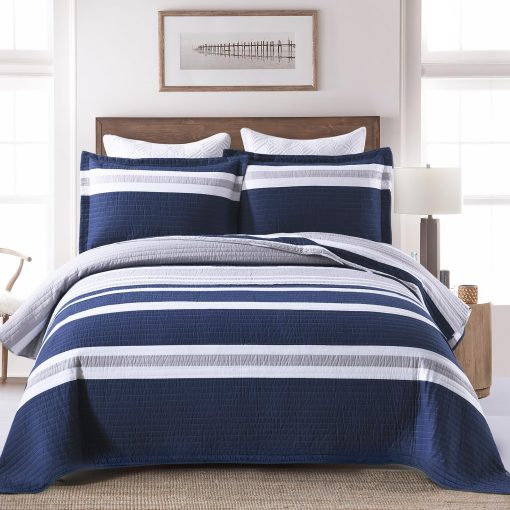 Set de Colcha King Size SahSahCasa, 100% Algodon, Colcha a Rayas Azul Marino, Juego de Cama King, Edredon Ligero para Cama King, Todas las Estaciones, Azul Marino, 3 Piezas