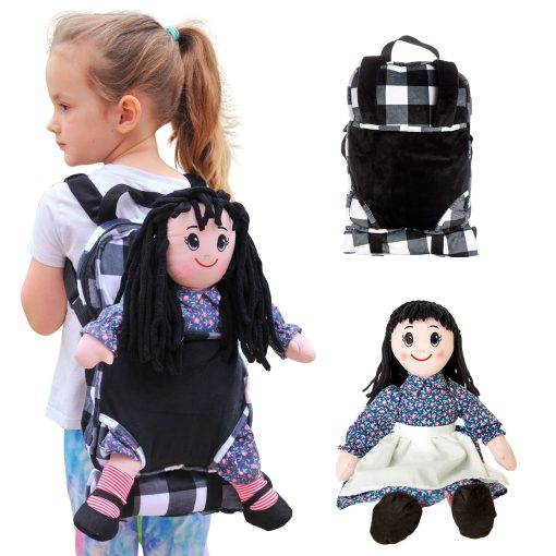 Muneca de trapo de 18" de THE QUEEN'S TREASURES para ninas y ninos con accesorios y mochila a cuadros en blanco y negro americana con saco de dormir
