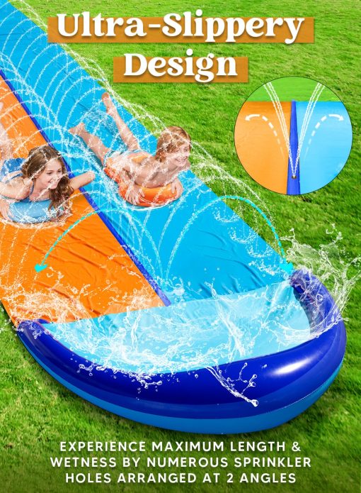 Sloosh 32.5ft Doble Tobogan Acuatico, Resbaladilla de Jardin Resistente con Rociador y 2 Tablas Inflables Deslizamiento al Aire Libre de Verano para Ninos y Adultos - Imagen 4