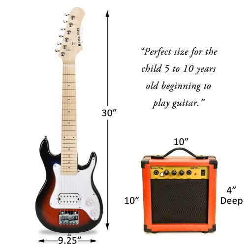 Guitarra Electrica Master Play de 30 Pulgadas, Para Ninos/Principiantes Con Kit de Inicio Completo, Amplificador de 20 Vatios, 6 Cuerdas Extra, Puas, Estuche para guitarra, Correa de hombro, Afinador digital, Cable, Pano de lavado Sunburst - Imagen 3