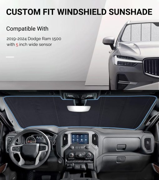 Pigenius Protector Solar para Parabrisas para Dodge Ram 1500 2019-2024 con Sensor de 5 Pulgadas de Ancho, Parasol de Ventana Personalizado - HyperShield - Imagen 2