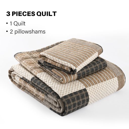 Juego de Edredon Patchwork 100% Algodon Queen - Colcha de Cuadros en Estilo Granja para Cama Queen, Set de Edredon Suave y Ligero para Todas las Estaciones, Juego de Ropa de Cama Rustica 3pcs, Cafe/Negro - Imagen 6