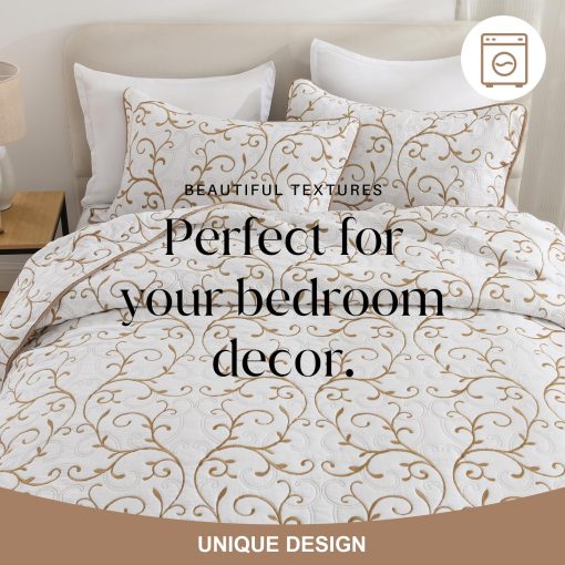 Juego de colchas Finestichery tamano queen - Colcha de algodon al 100% para cama queen, colchas de vina bordadas, juego de ropa de cama acolchado de estilo campestre con fundas de almohada, edredon ligero para todas las temporadas, beige/blanco - Imagen 6