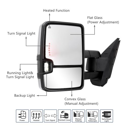 Espejo de remolque Switchback para Chevy Silverado GMC Sierra 2007-2014 Espejos de remolque con vidrio calefactado ajustable electricamente, luz de marcha, luz de senal de giro, lampara de respaldo, cromado - Imagen 3
