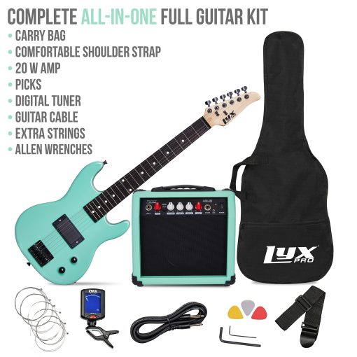 Kit de Guitarra Electrica LyxPro de 30 Pulgadas para Ninos con Guitarra de Iniciacion de 3/4, Amplificador, Seis Cuerdas, Dos Puas, Correa para el Hombro, Afinador Digital de Pinza, Cable de Guitarra y Estuche Suave Gig Bag - Verde - Imagen 2
